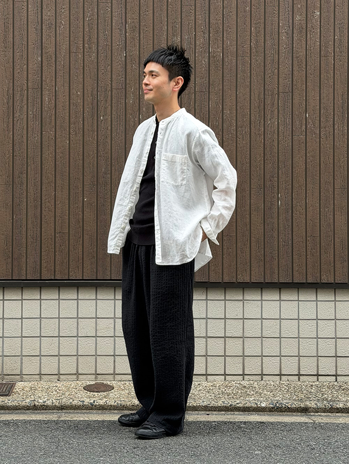 ウールリネン 杢ストライプ イージーワイドパンツ｜nest Robe