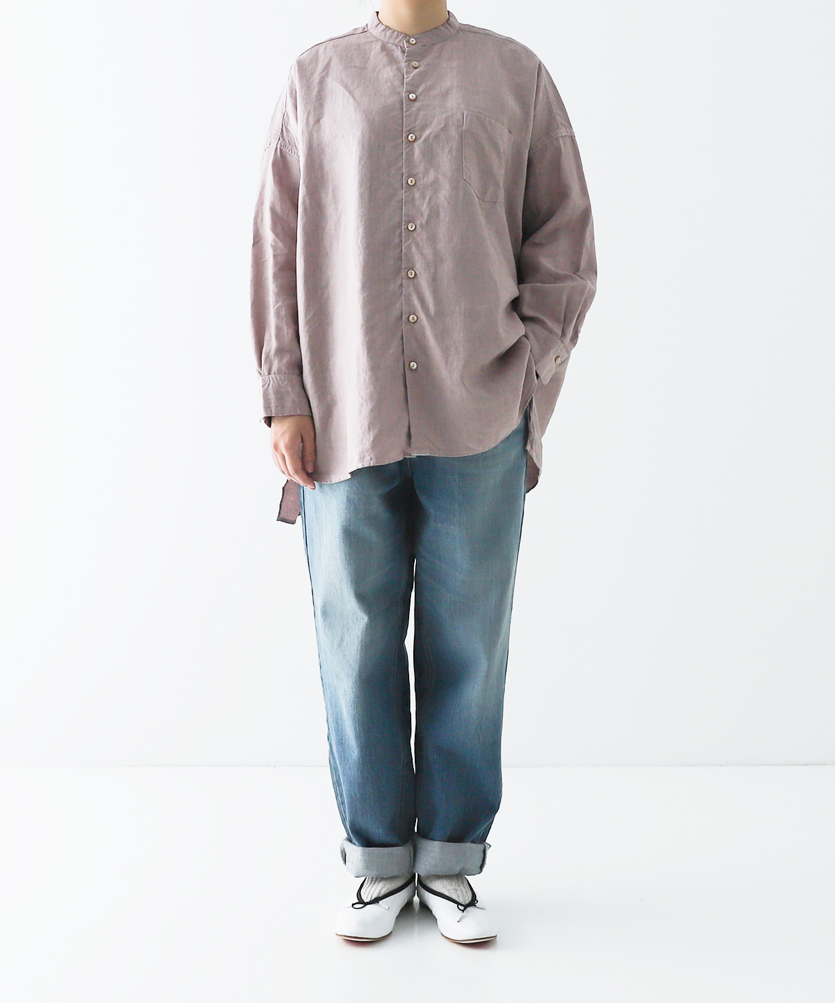 リネンハイカウントバンドカラーシャツ｜nest Robe ONLINE SHOP