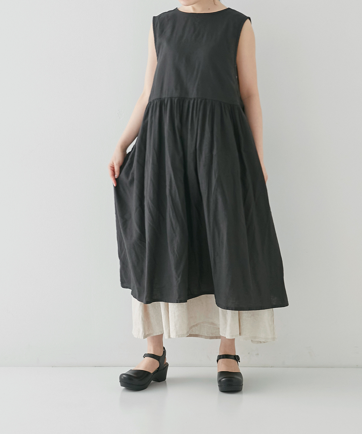 UpcycleLino】天然染め レイヤードギャザー2wayワンピース｜nest Robe 
