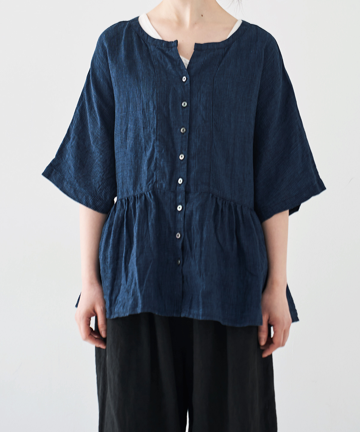 リネンインディゴグレンチェック2WAYブラウス｜nest Robe ONLINE SHOP