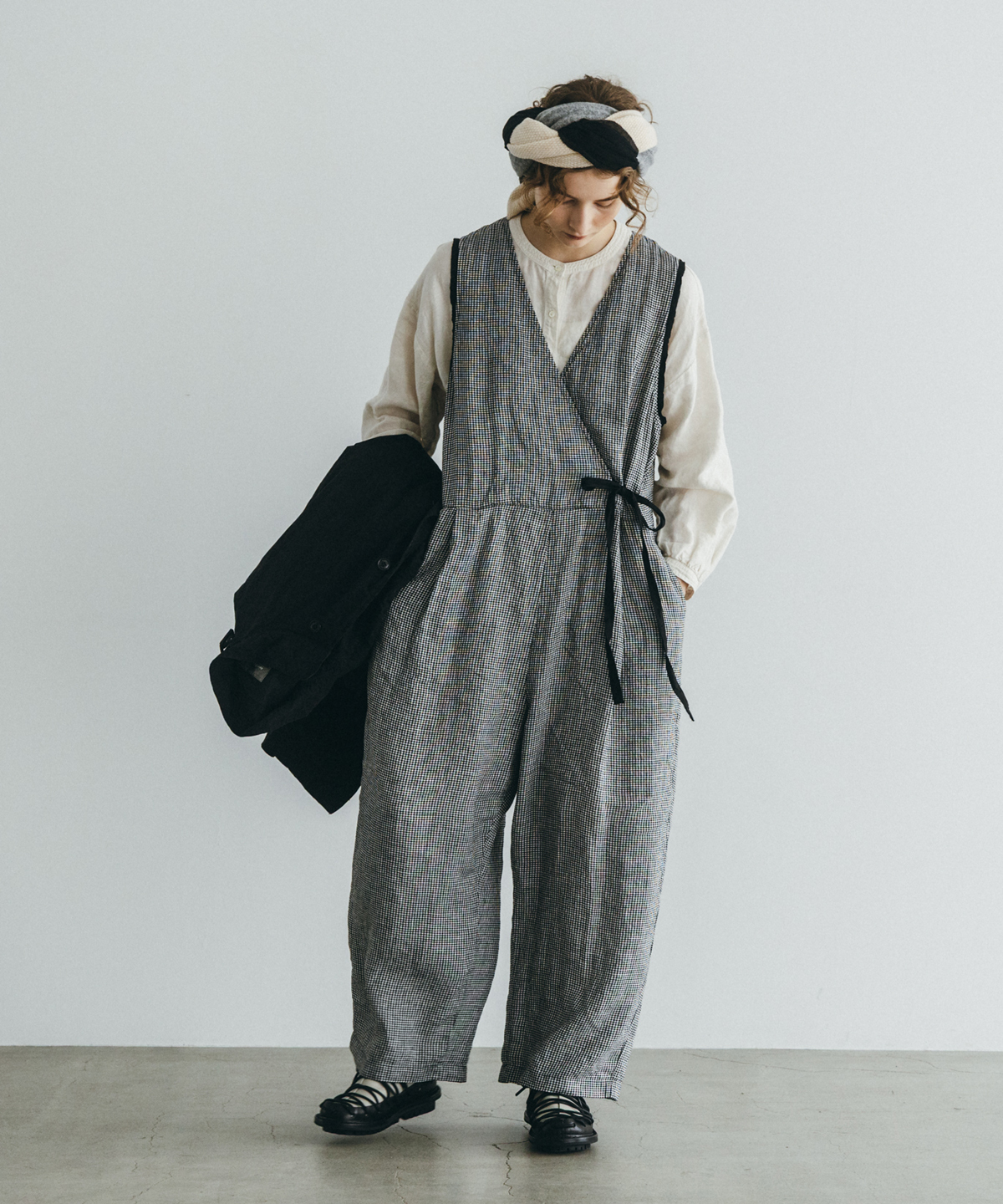 nest robe ヘンプ　ギンガムコート UpcycleLino】ギンガムアシメサロペット｜nest Robe / CONFECT