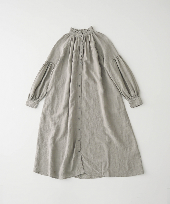 リネン近江晒しフリル襟ワンピース