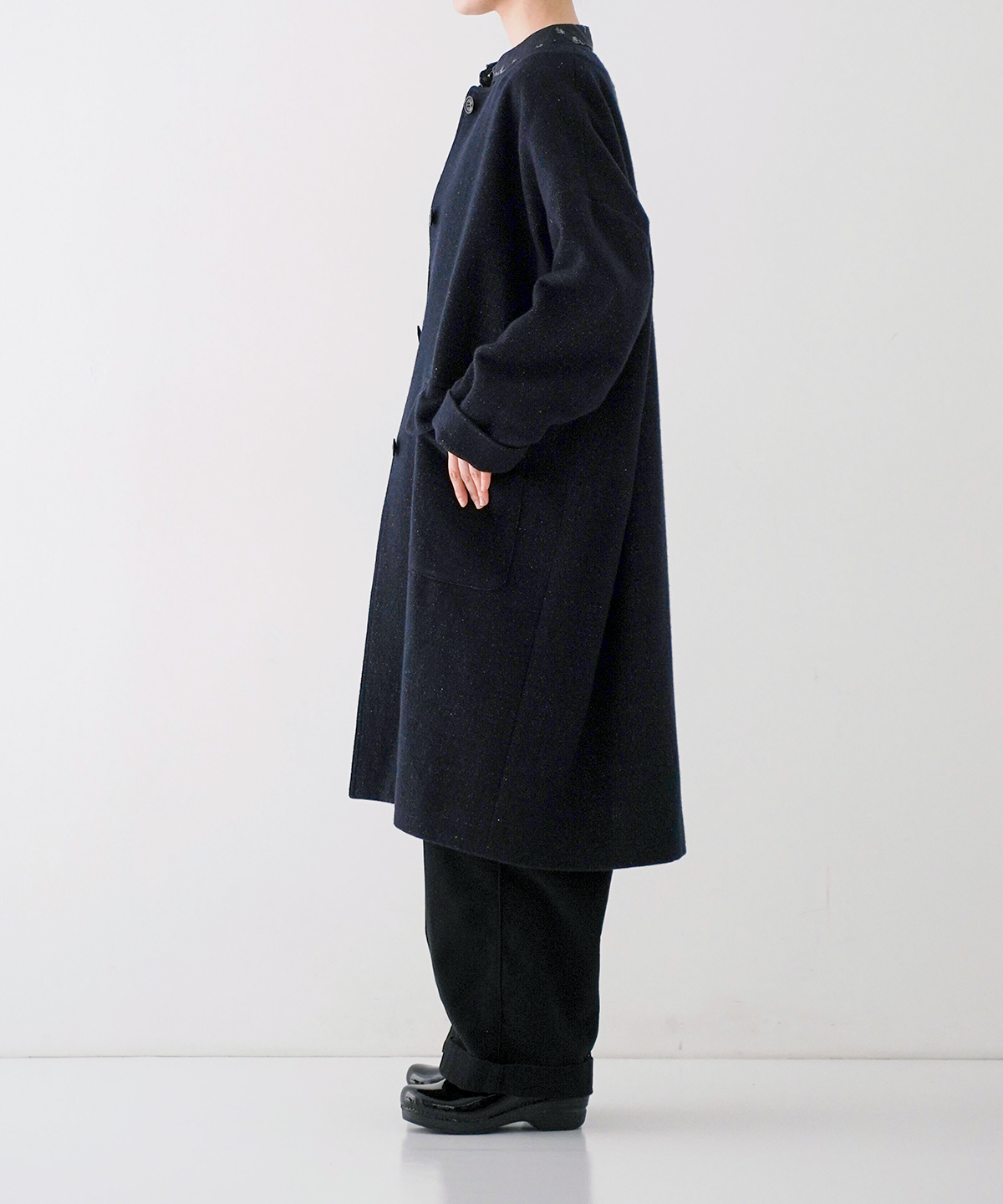 美品▲//ネストローブ nest Robe //リネンノーカラーダブルコート リネンウールツイードノーカラーコート｜nest Robe / CONFECT