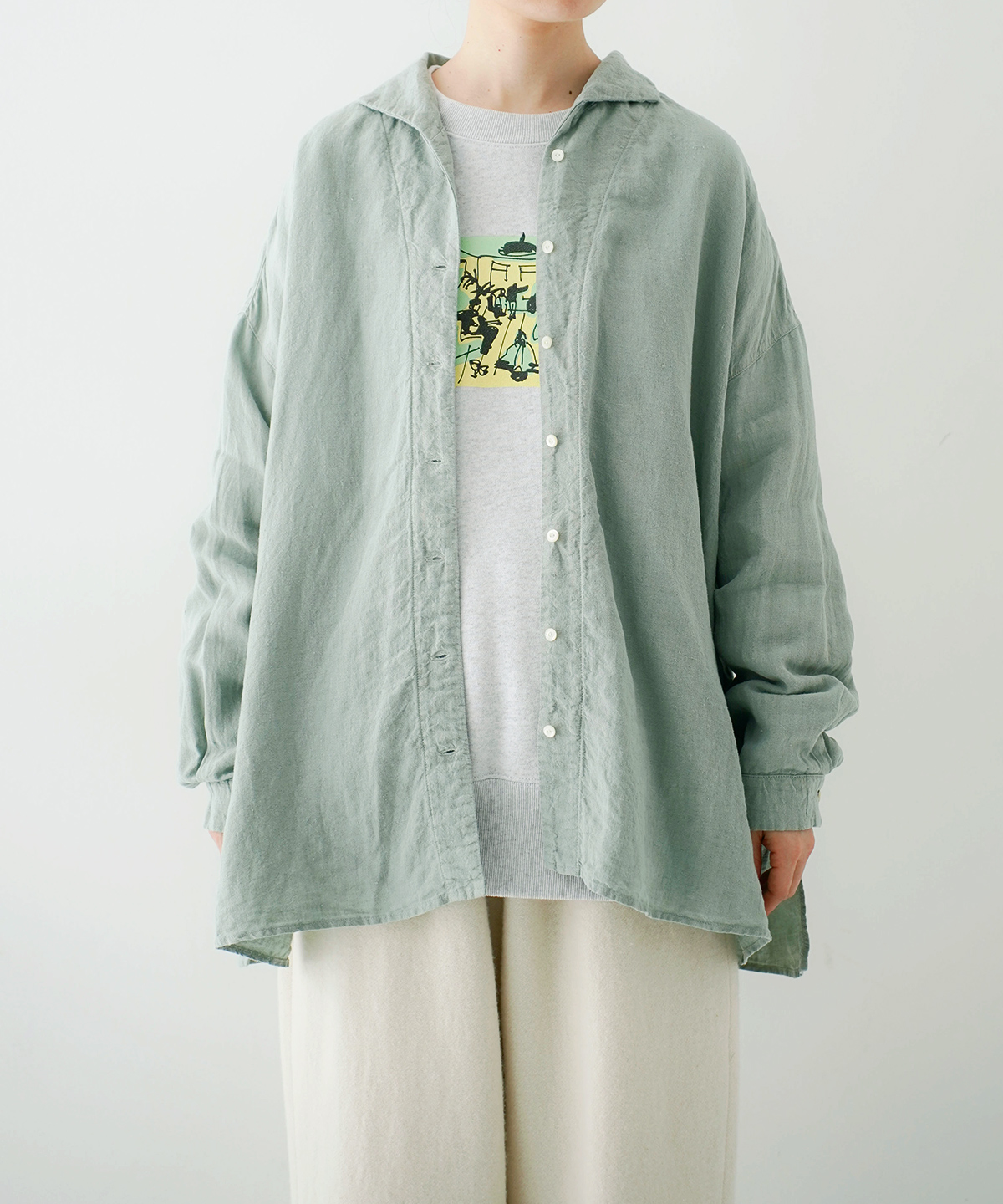 【中古】未使用品 ネストローブ nest Robe タグ付き リネン 近江晒し オープンカラーシャツ グリーン F フリーサイズ リネン近江晒しオープンカラーシャツ｜nest Robe / CONFECT ONLINE SHOP