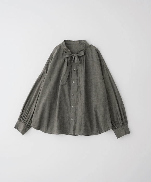 リネンコットン千鳥柄ボウタイブラウス
