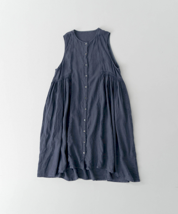 リネン天然染めサイドギャザーワンピース