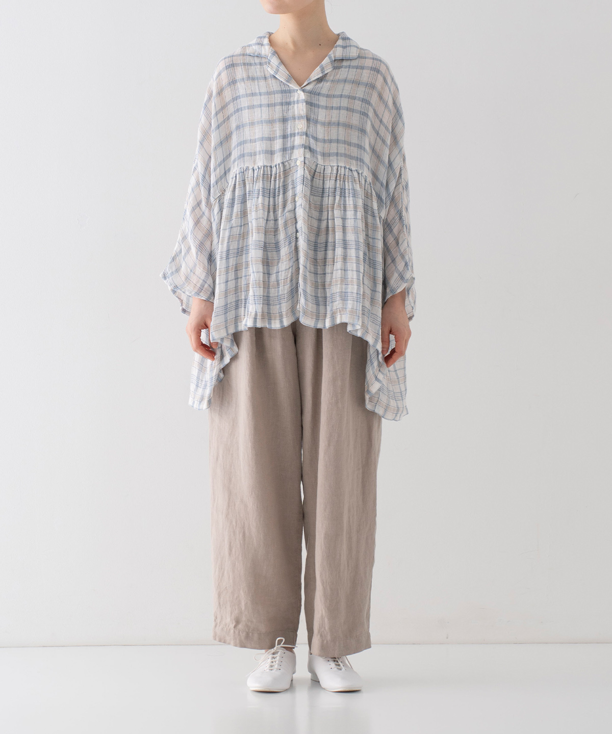 リネンガーゼチェックオープンカラーシャツ｜nest Robe / CONFECT