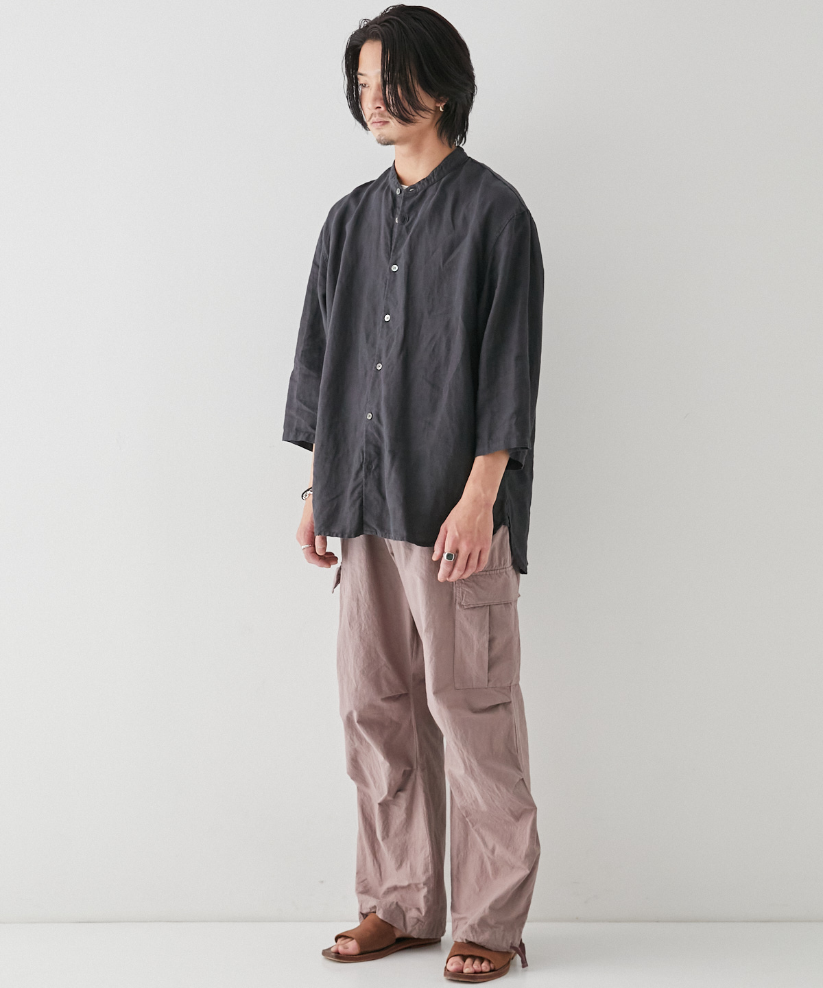 60/40リネン 7分袖バンドカラーシャツ｜nest Robe ONLINE SHOP